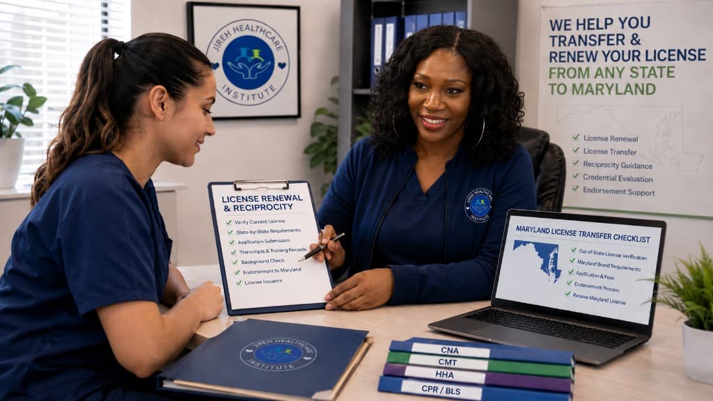 Jireh Healthcare Institute staff member reviewing license renewal and reciprocity requirements with an applicant.