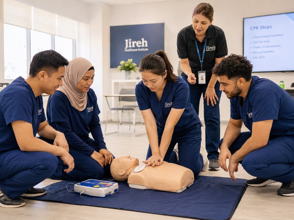 Jireh Healthcare Institute students practicing CPR skills with an instructor.