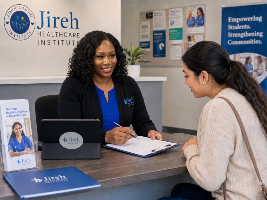 Jireh Healthcare Institute admissions counselor helping a student with enrollment paperwork.