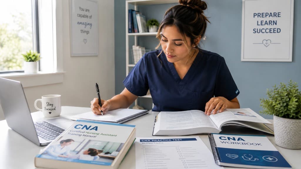CNA student studying with textbook, workbook, and practice materials.