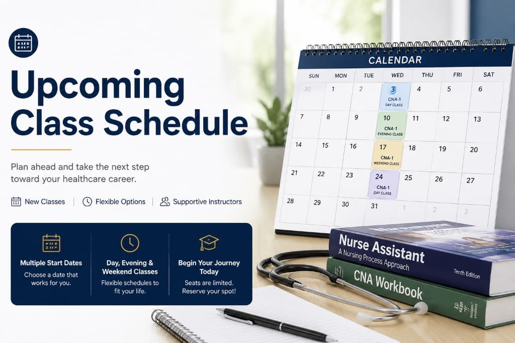 Upcoming class schedule banner for Jireh Healthcare Institute healthcare training programs.
